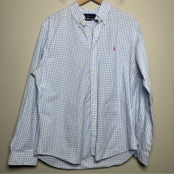 Ralph Lauren Men Button‎ Down Shirt XL White Blue Windowpane Plaid Long Sleeve - Picture 1 of 8